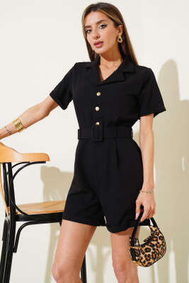 Kruvaze Yaka Gold Düğmeli Tulum Siyah - Thumbnail