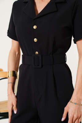 Kruvaze Yaka Gold Düğmeli Tulum Siyah - Thumbnail