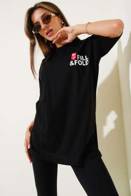Pazarium - Fill Fold Baskılı T-shirt Siyah