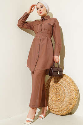 Pazarium - Çift Göğüs Cepli Kuşaklı İkili Takım Kahve