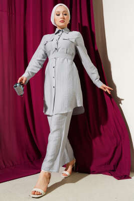 Pazarium - Çift Göğüs Cepli Kuşaklı İkili Takım Gri