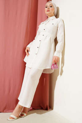 Pazarium - Çift Göğüs Cepli Kuşaklı İkili Takım Ekru