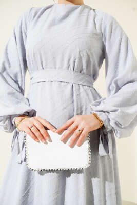 Kabartmalı Volanlı Kuşaklı Elbise Gri - Thumbnail