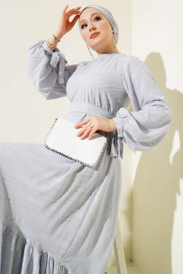 Kabartmalı Volanlı Kuşaklı Elbise Gri - Thumbnail