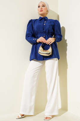 Gold Düğmeli İp Kuşaklı Gömlek Lacivert - Thumbnail