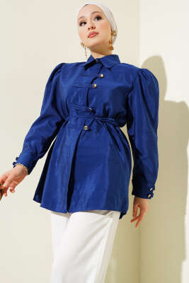 Gold Düğmeli İp Kuşaklı Gömlek Lacivert - Thumbnail