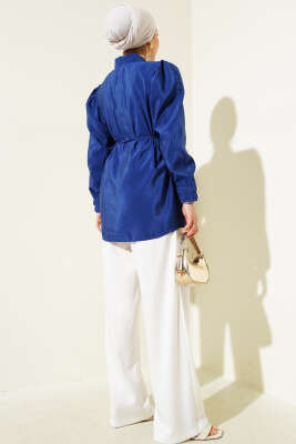 Gold Düğmeli İp Kuşaklı Gömlek Lacivert - Thumbnail