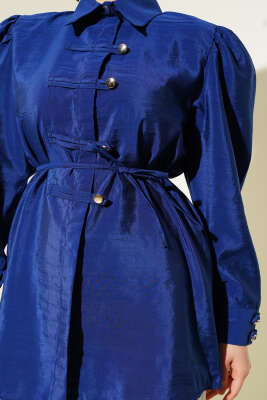 Gold Düğmeli İp Kuşaklı Gömlek Lacivert - Thumbnail