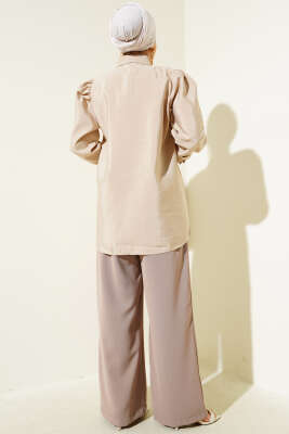 Gold Düğmeli İp Kuşaklı Gömlek Bej - Thumbnail