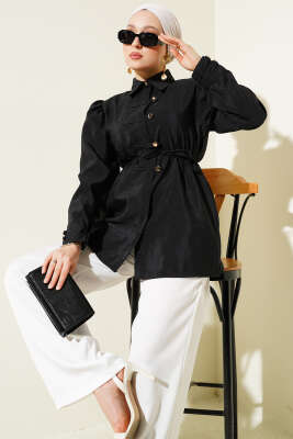 Pazarium - Gold Düğmeli İp Kuşaklı Gömlek Siyah