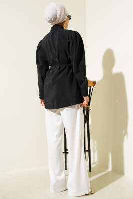 Gold Düğmeli İp Kuşaklı Gömlek Siyah - Thumbnail