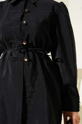 Gold Düğmeli İp Kuşaklı Gömlek Siyah - Thumbnail