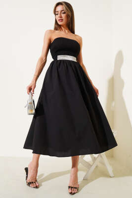 Pazarium - Gipeli Straplez Midi Elbise Siyah