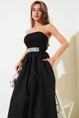 Gipeli Straplez Midi Elbise Siyah - Thumbnail