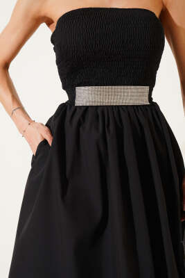 Gipeli Straplez Midi Elbise Siyah - Thumbnail