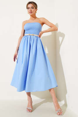 Pazarium - Gipeli Straplez Midi Elbise Mavi