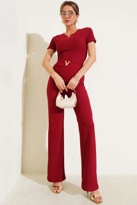 Pazarium - V Aksesuarlı Kısa Kol İkili Takım Bordo