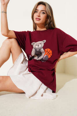 Ayıcıklı Basket Top Baskılı T-shirt Bordo - Thumbnail