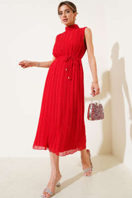 Pazarium - Sık Pileli Kolsuz Midi Elbise Kırmızı