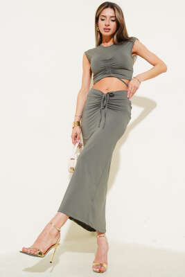 Pazarium - Büzgü Detaylı Crop Etek İkili Takım Haki