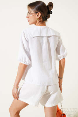 Çiçek Nakışlı Önü Bağcıklı Bluz Beyaz - Thumbnail