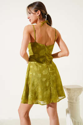 İp Askılı Nakış Süslemeli Mini Elbise Yağ Yeşili - Thumbnail