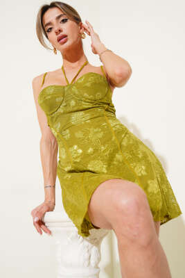 Pazarium - İp Askılı Nakış Süslemeli Mini Elbise Yağ Yeşili