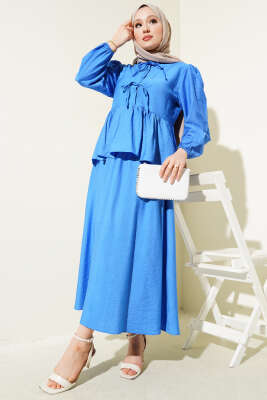 Pazarium - Yarım Düğmeli Bağcıklı Etekli İkili Takım Saks