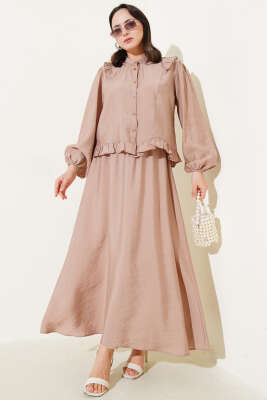 Pazarium - Fırfırlı Düğmeli Etekli İkili Takım Latte