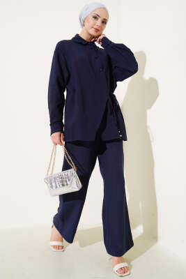Pazarium - Yandan Bağlamalı Keten İkili Takım Lacivert