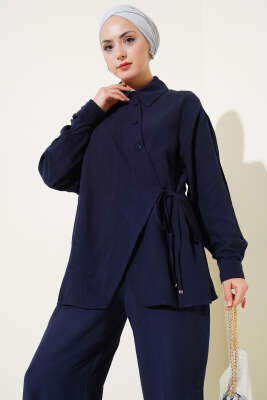 Yandan Bağlamalı Keten İkili Takım Lacivert - Thumbnail
