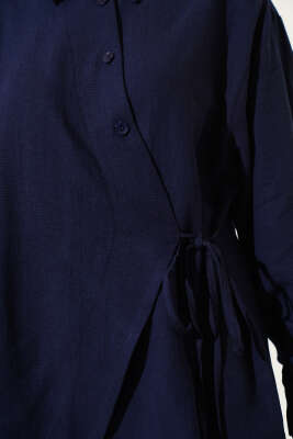 Yandan Bağlamalı Keten İkili Takım Lacivert - Thumbnail