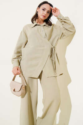 Yandan Bağlamalı Keten İkili Takım Çağla Yeşili - Thumbnail