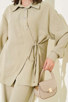 Yandan Bağlamalı Keten İkili Takım Çağla Yeşili - Thumbnail