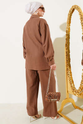 Yandan Bağlamalı Keten İkili Takım Kahve - Thumbnail