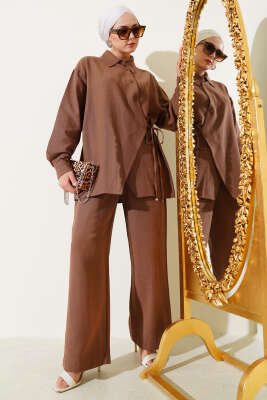 Yandan Bağlamalı Keten İkili Takım Kahve - Thumbnail