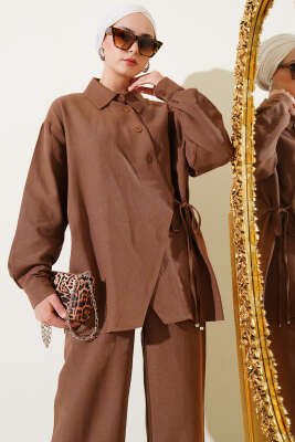 Yandan Bağlamalı Keten İkili Takım Kahve - Thumbnail