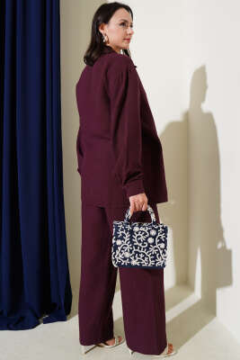 Yandan Bağlamalı Keten İkili Takım Mürdüm - Thumbnail