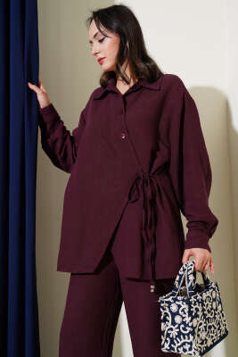 Yandan Bağlamalı Keten İkili Takım Mürdüm - Thumbnail