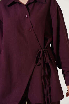 Yandan Bağlamalı Keten İkili Takım Mürdüm - Thumbnail