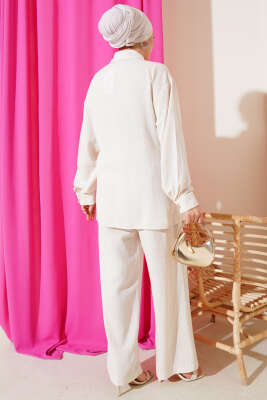 Yandan Bağlamalı Keten İkili Takım Bej - Thumbnail