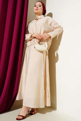 Pazarium - Lastik Detaylı Etekli İkili Takım Bej