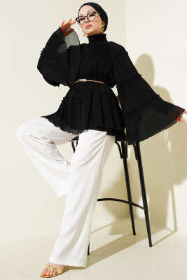 Pliseli Kat Kat Salaş Tunik Siyah - Thumbnail