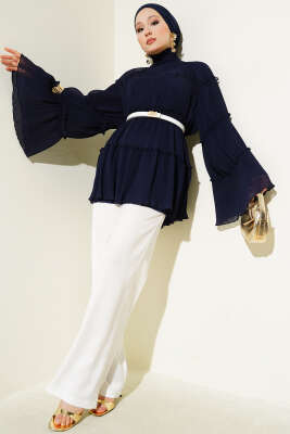 Pliseli Kat Kat Salaş Tunik Lacivert - Thumbnail