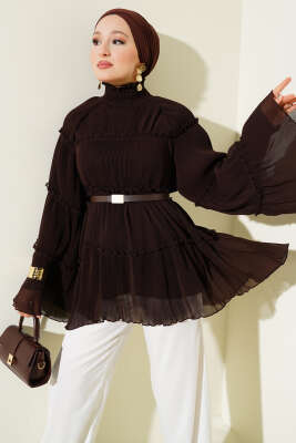 Pliseli Kat Kat Salaş Tunik Kahve - Thumbnail