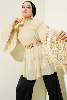 Pliseli Kat Kat Salaş Tunik Bej - Thumbnail