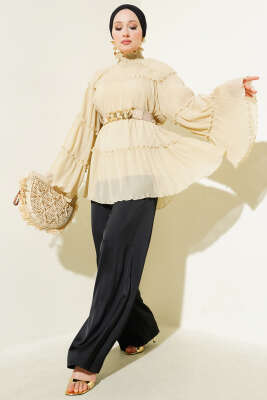 Pliseli Kat Kat Salaş Tunik Bej - Thumbnail