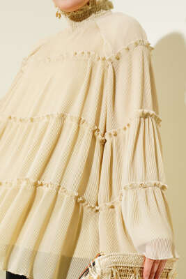 Pliseli Kat Kat Salaş Tunik Bej - Thumbnail