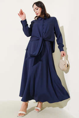 Pazarium - Önü Düğmeli Keten Etekli Takım Lacivert