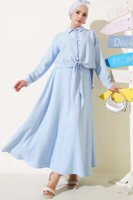 Pazarium - Önü Düğmeli Keten Etekli Takım Mavi